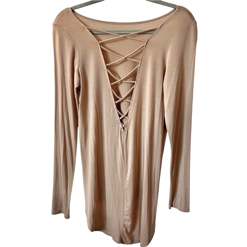 Forever 21 Lace Up Back Tunic Top Size Medium Long Sleeve Neutral Hi Low Tan - Picture 1 of 5